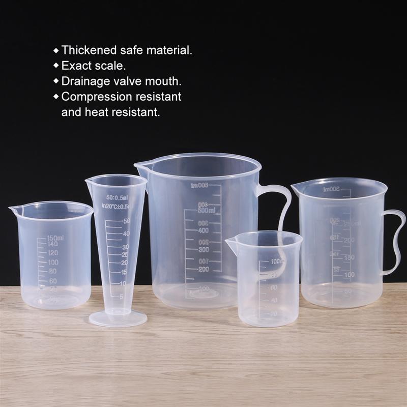 5pcs 50ml / 100ml / 150ml / 250ml / 500ml Measuring Cup Labs Plastic Graduated Beakers Measuring Cup With Handle (Transparent) - Scienmart