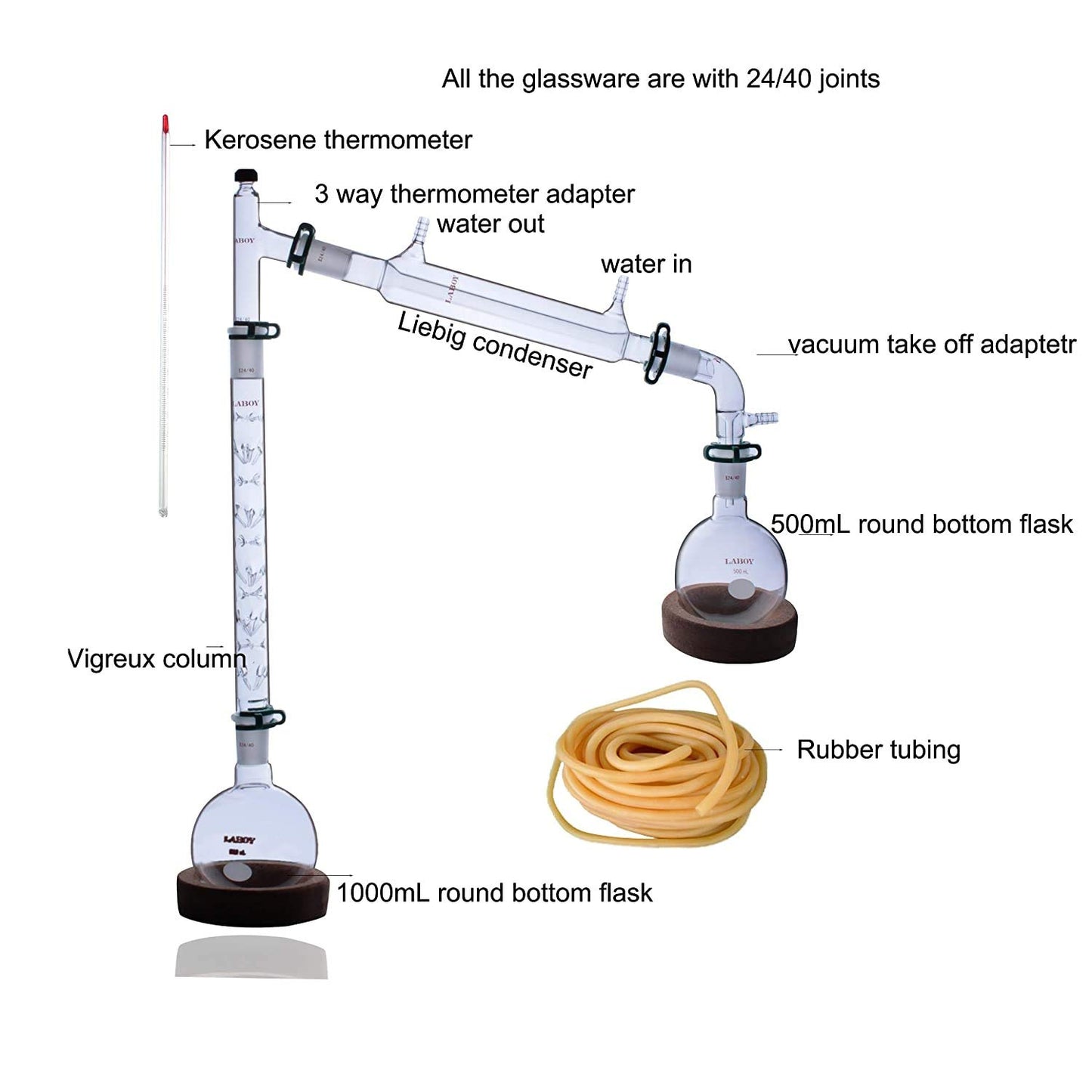 Laboy Glass Fractional Distillaton Apparatus Kit Fractionating Distilling Set with 24/40 Joints & Vigreux Column Organic Chemistry Lab Glassware Equipment - Scienmart