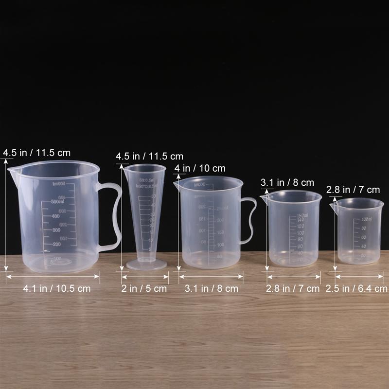 5pcs 50ml / 100ml / 150ml / 250ml / 500ml Measuring Cup Labs Plastic Graduated Beakers Measuring Cup With Handle (Transparent) - Scienmart