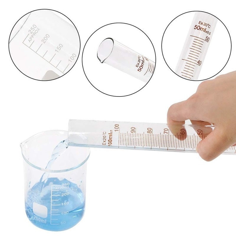 Glass Graduated Cylinder Set 10ml 25ml 50ml 100ml, Thick Glass Beaker Set 50ml 100ml 250ml with 2 Droppers - Scienmart