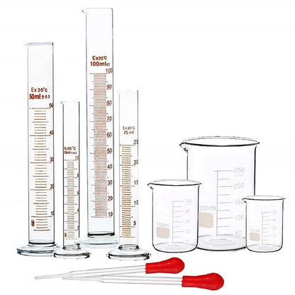 Glass Graduated Cylinder Set 10ml 25ml 50ml 100ml, Thick Glass Beaker Set 50ml 100ml 250ml with 2 Droppers - Scienmart