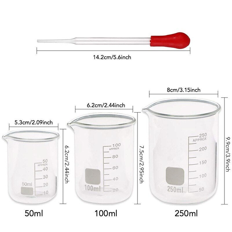 Glass Graduated Cylinder Set 10ml 25ml 50ml 100ml, Thick Glass Beaker Set 50ml 100ml 250ml with 2 Droppers - Scienmart