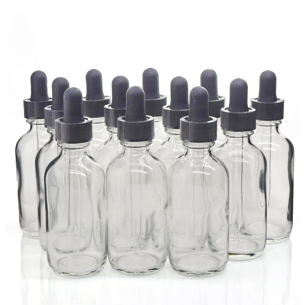 2 Oz 60ml Clear Glass Bottles with Glass Eye Dropper Pipette for Essential oils Chemistry Lab Chemicals 12pcs - Scienmart