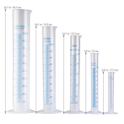 5pcs Transparent Measuring Plastic Graduated Cylinder Plastic Test Liquid Tube Lab Tool 50ml / 100ml / 250ml / 500ml / 1000ml - Scienmart