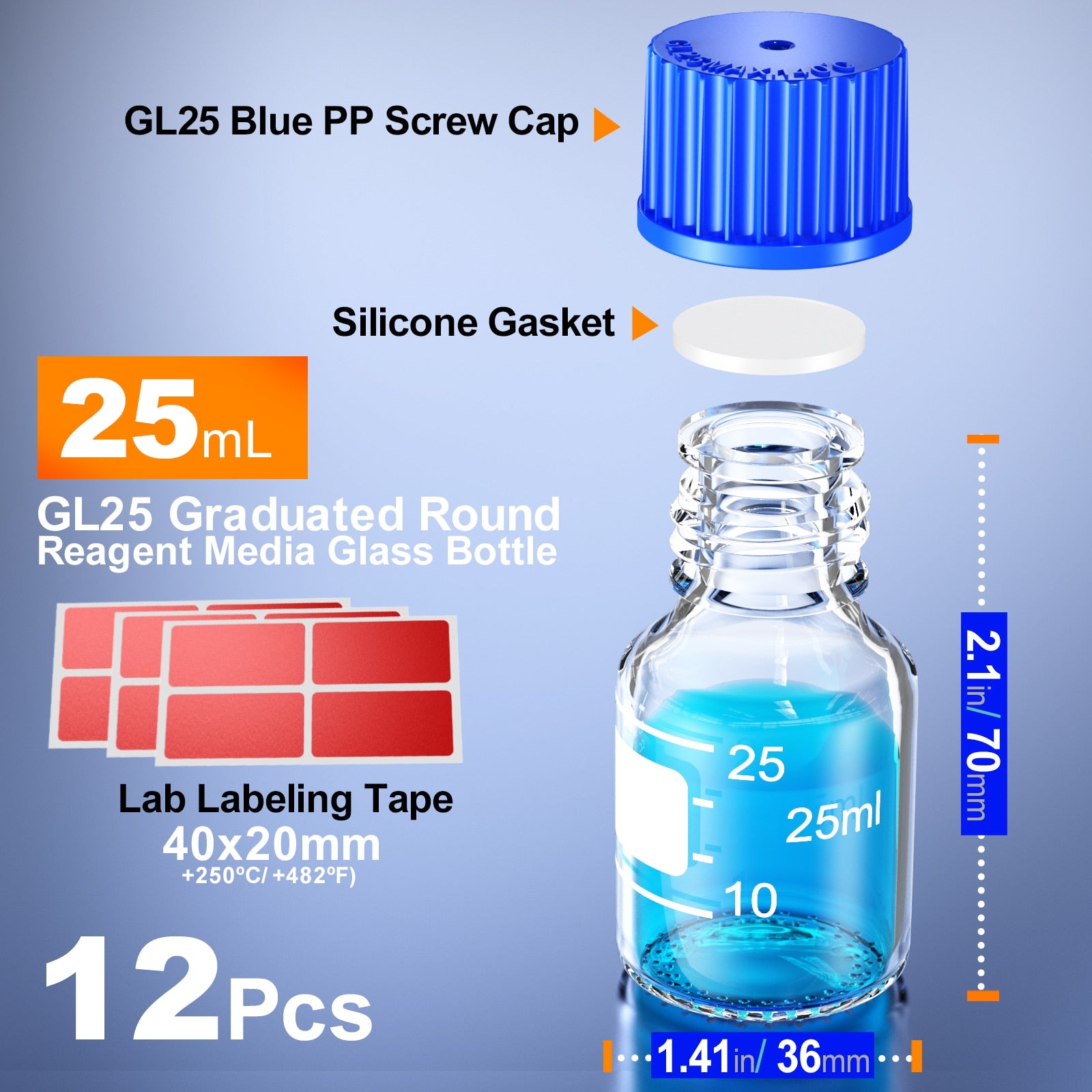 Glass Media Storage Bottles with Blue Screw Cap from 25ml to 1000ml GL45 GL32 GL25 - Scienmart