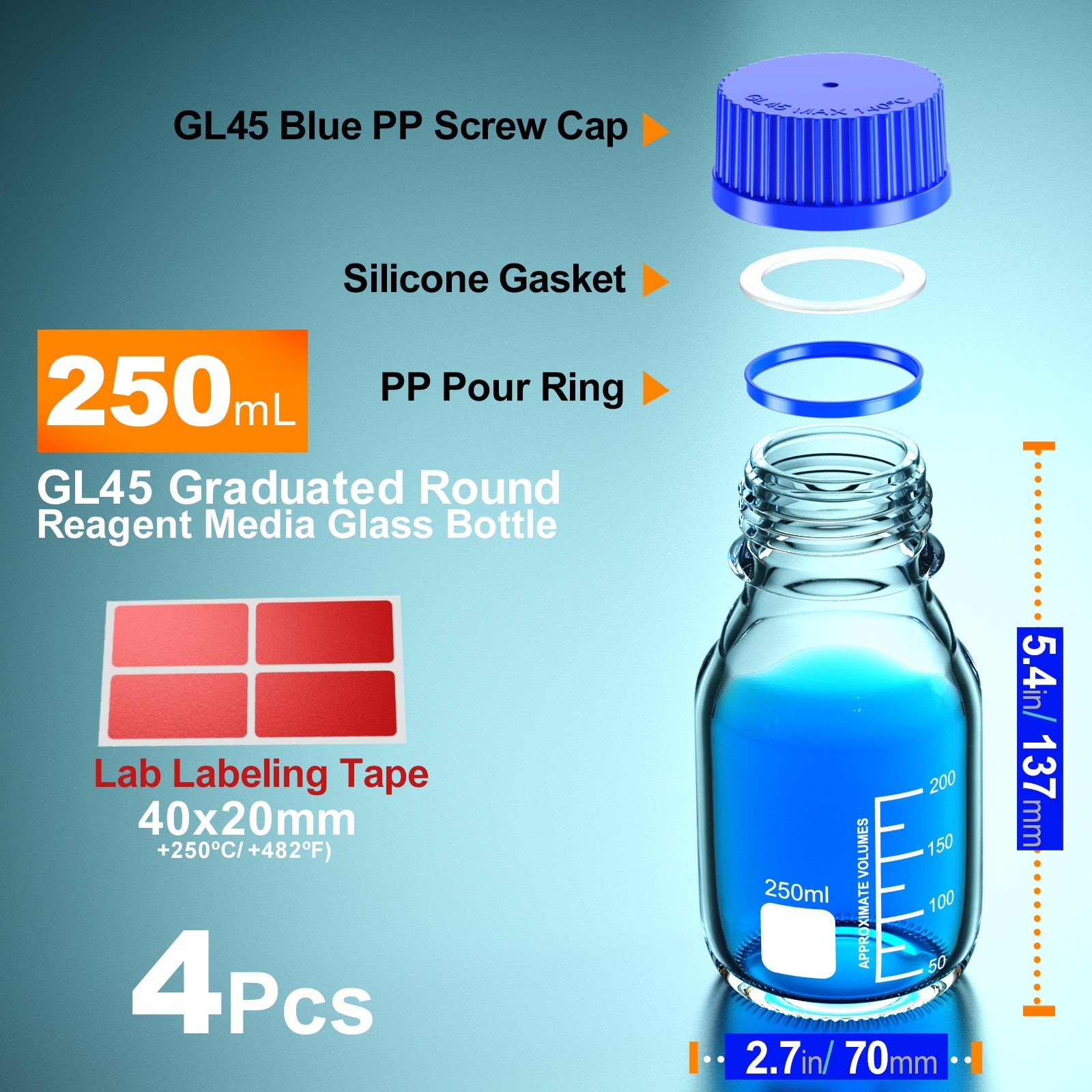 Glass Media Storage Bottles with Blue Screw Cap from 25ml to 1000ml GL45 GL32 GL25 - Scienmart