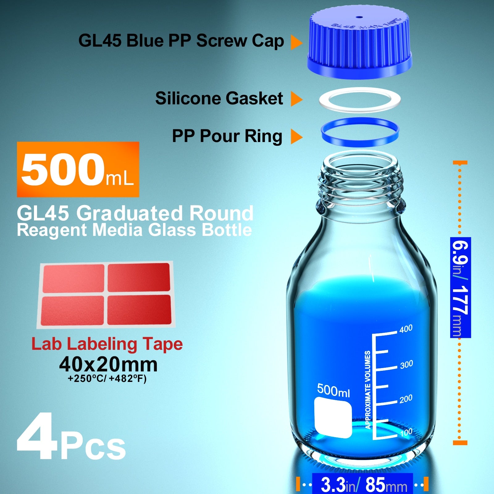 Glass Media Storage Bottles with Blue Screw Cap from 25ml to 1000ml GL45 GL32 GL25 - Scienmart