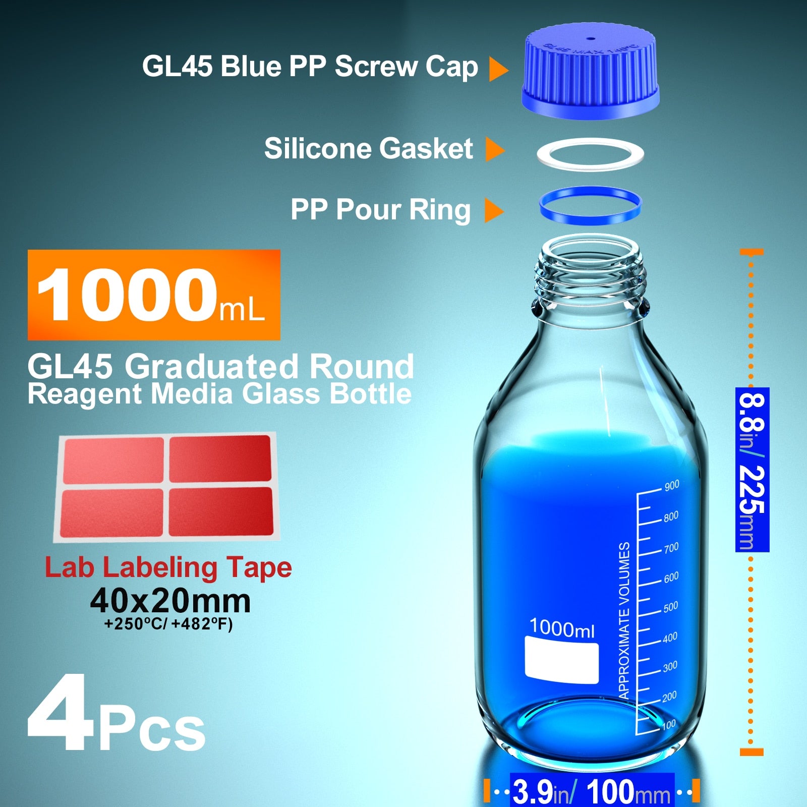 Glass Media Storage Bottles with Blue Screw Cap from 25ml to 1000ml GL45 GL32 GL25 - Scienmart