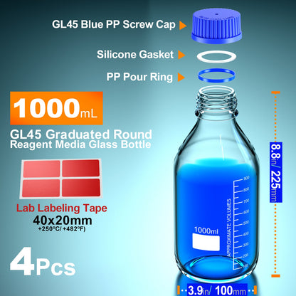 Glass Media Storage Bottles with Blue Screw Cap from 25ml to 1000ml GL45 GL32 GL25 - Scienmart