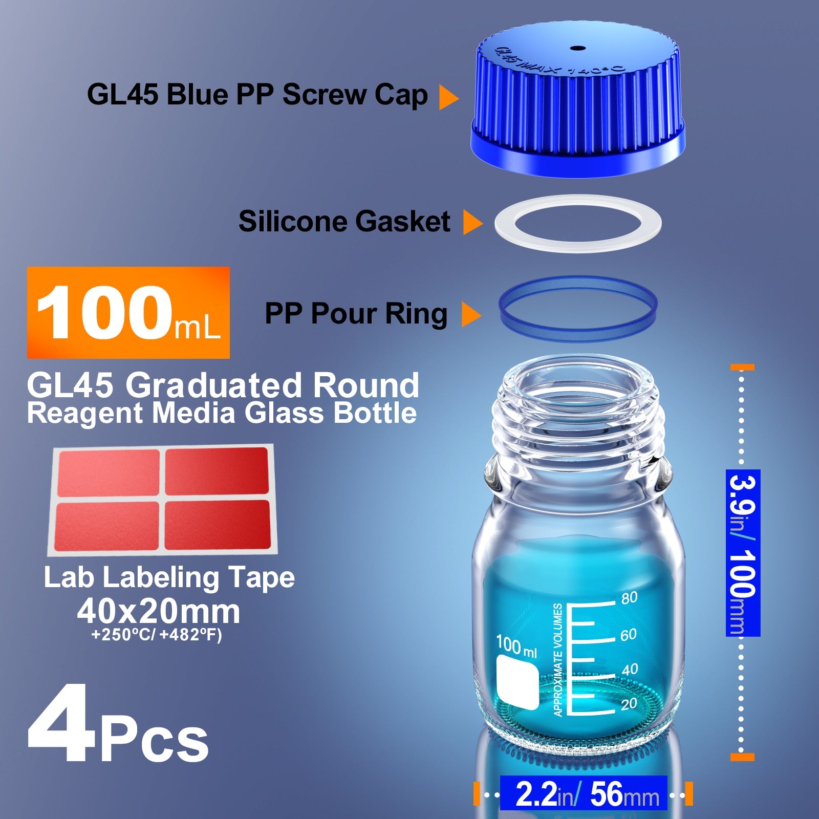 Glass Media Storage Bottles with Blue Screw Cap from 25ml to 1000ml GL45 GL32 GL25 - Scienmart