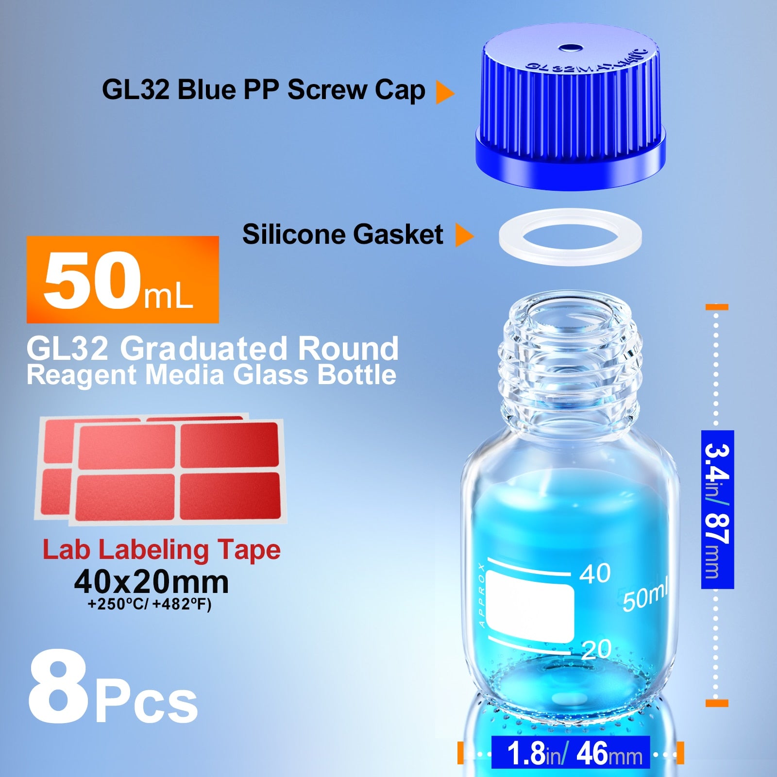 Glass Media Storage Bottles with Blue Screw Cap from 25ml to 1000ml GL45 GL32 GL25 - Scienmart